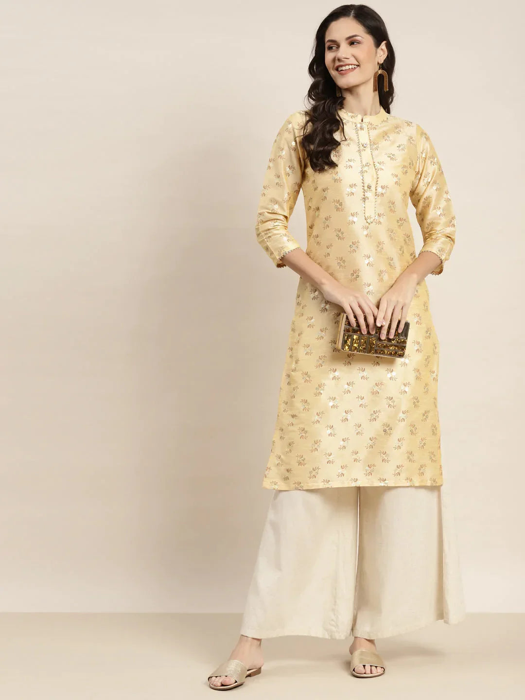 Jompers Women's Printed Gotta Patti Kurta - Cream | Grocsy
