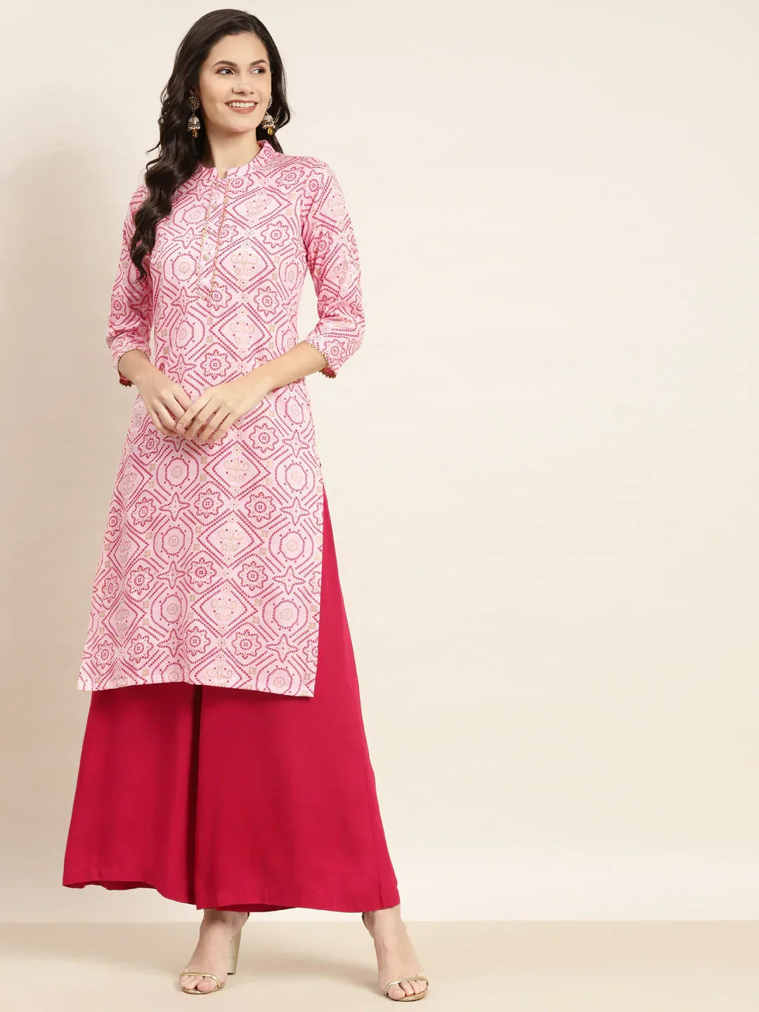 Jompers Women's Printed Gotta Patti Kurta - Pink | Grocsy