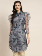 Jompers Women's Organza Printed Puff Sleeves Kurta - Grey | Grocsy