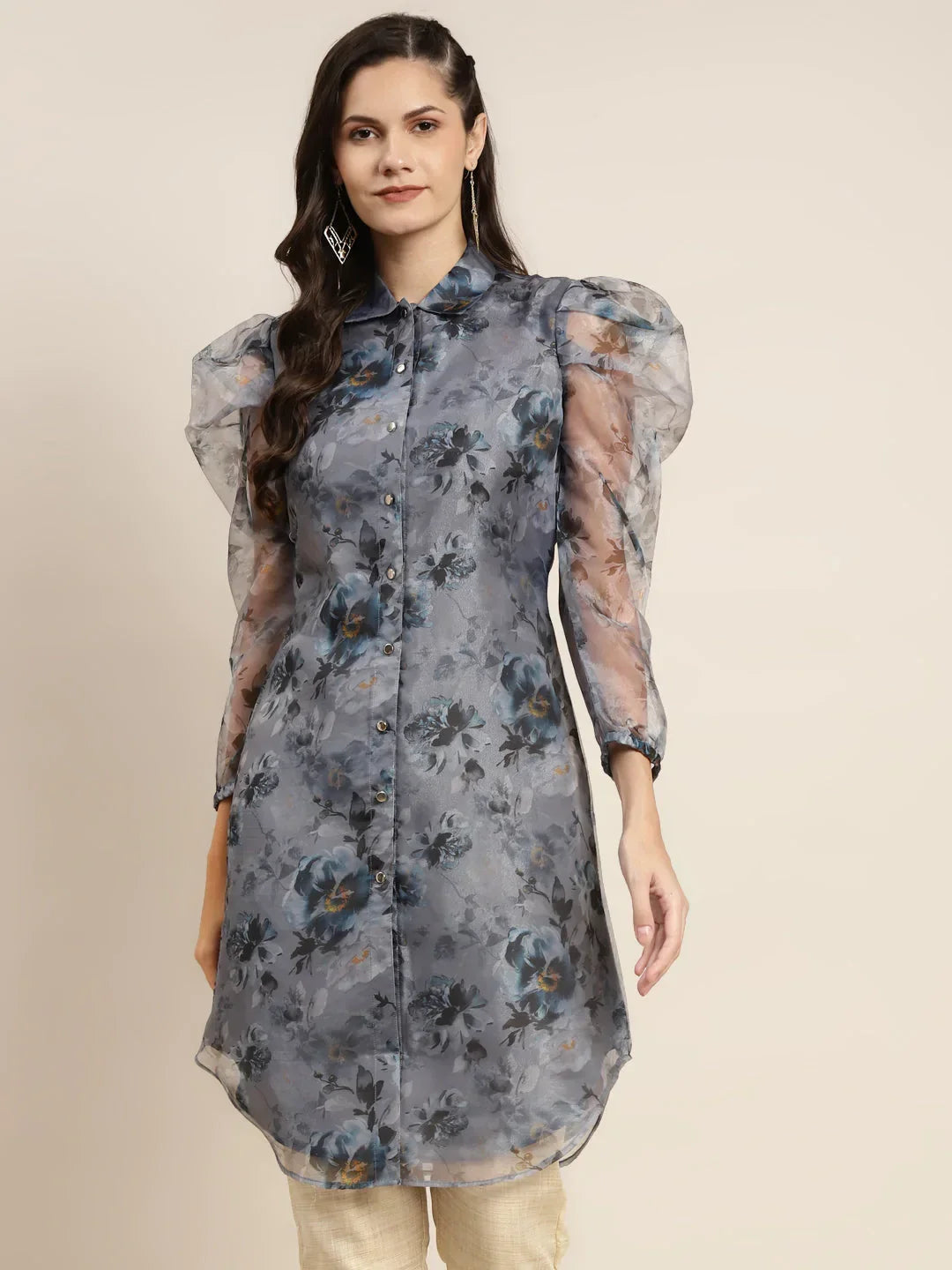 Jompers Women's Organza Printed Puff Sleeves Kurta - Grey | Grocsy