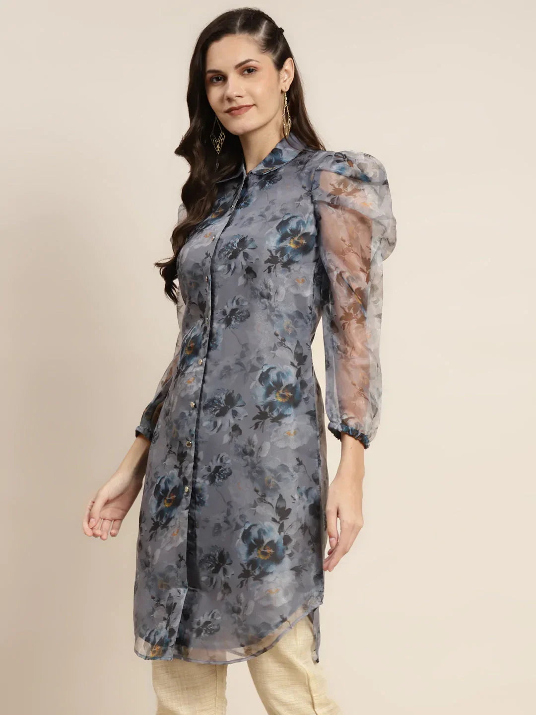 Jompers Women's Organza Printed Puff Sleeves Kurta - Grey | Grocsy