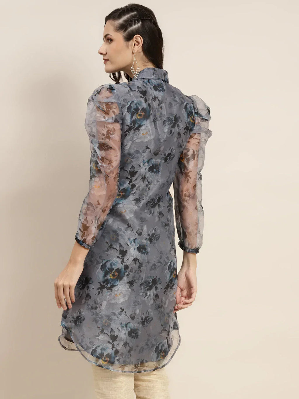 Jompers Women's Organza Printed Puff Sleeves Kurta - Grey | Grocsy