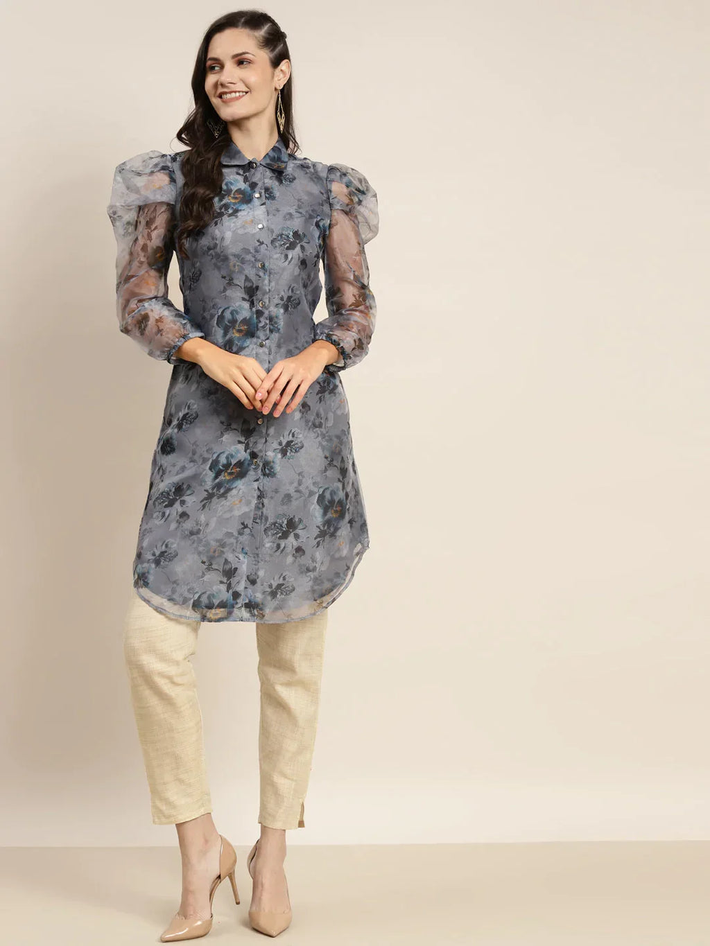 Jompers Women's Organza Printed Puff Sleeves Kurta - Grey | Grocsy