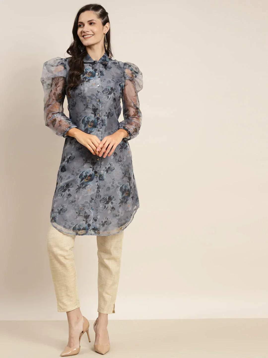 Jompers Women's Organza Printed Puff Sleeves Kurta - Grey | Grocsy