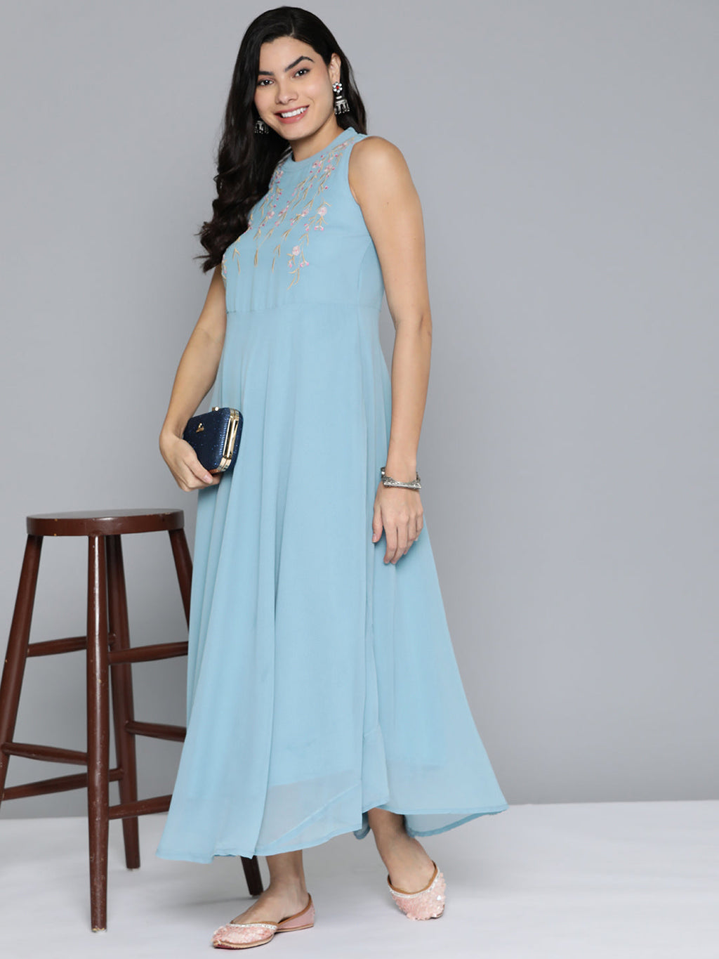 Jompers Women's Embroidered Powder Grey flared Dress - Blue | Grocsy