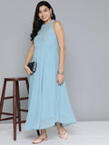Jompers Women's Embroidered Powder Grey flared Dress - Blue | Grocsy