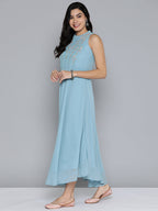 Jompers Women's Embroidered Powder Grey flared Dress - Blue | Grocsy