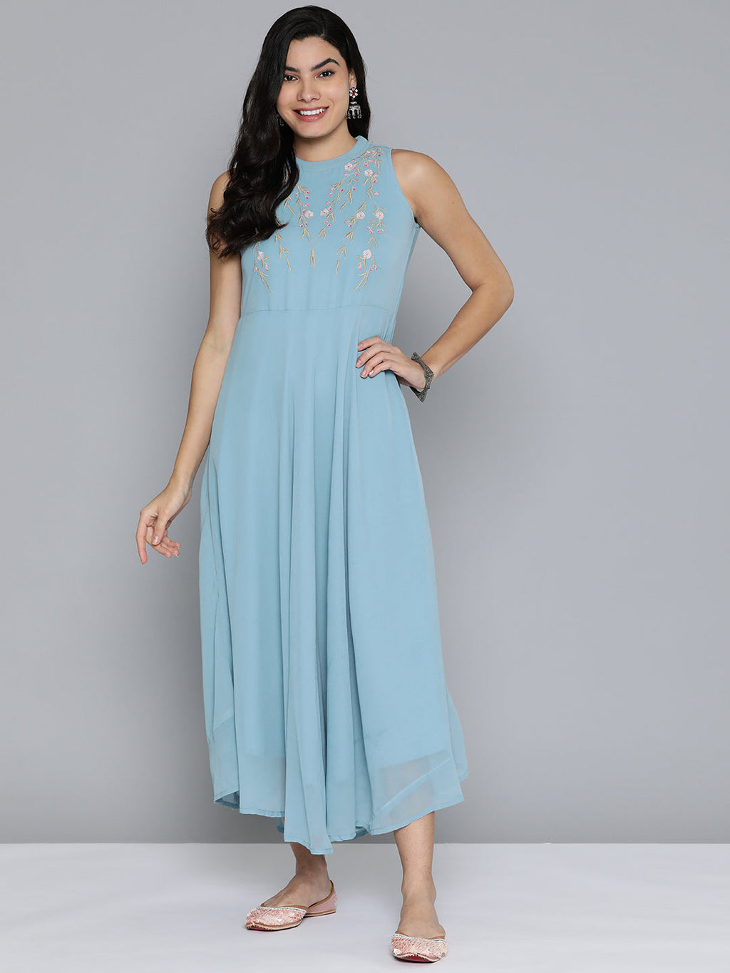 Jompers Women's Embroidered Powder Grey flared Dress - Blue | Grocsy