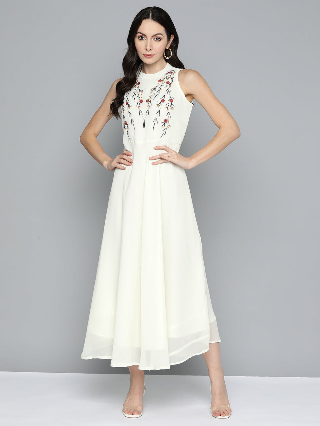 Jompers Women's Embroidered A-Line Midi Dress - Ivory | Grocsy