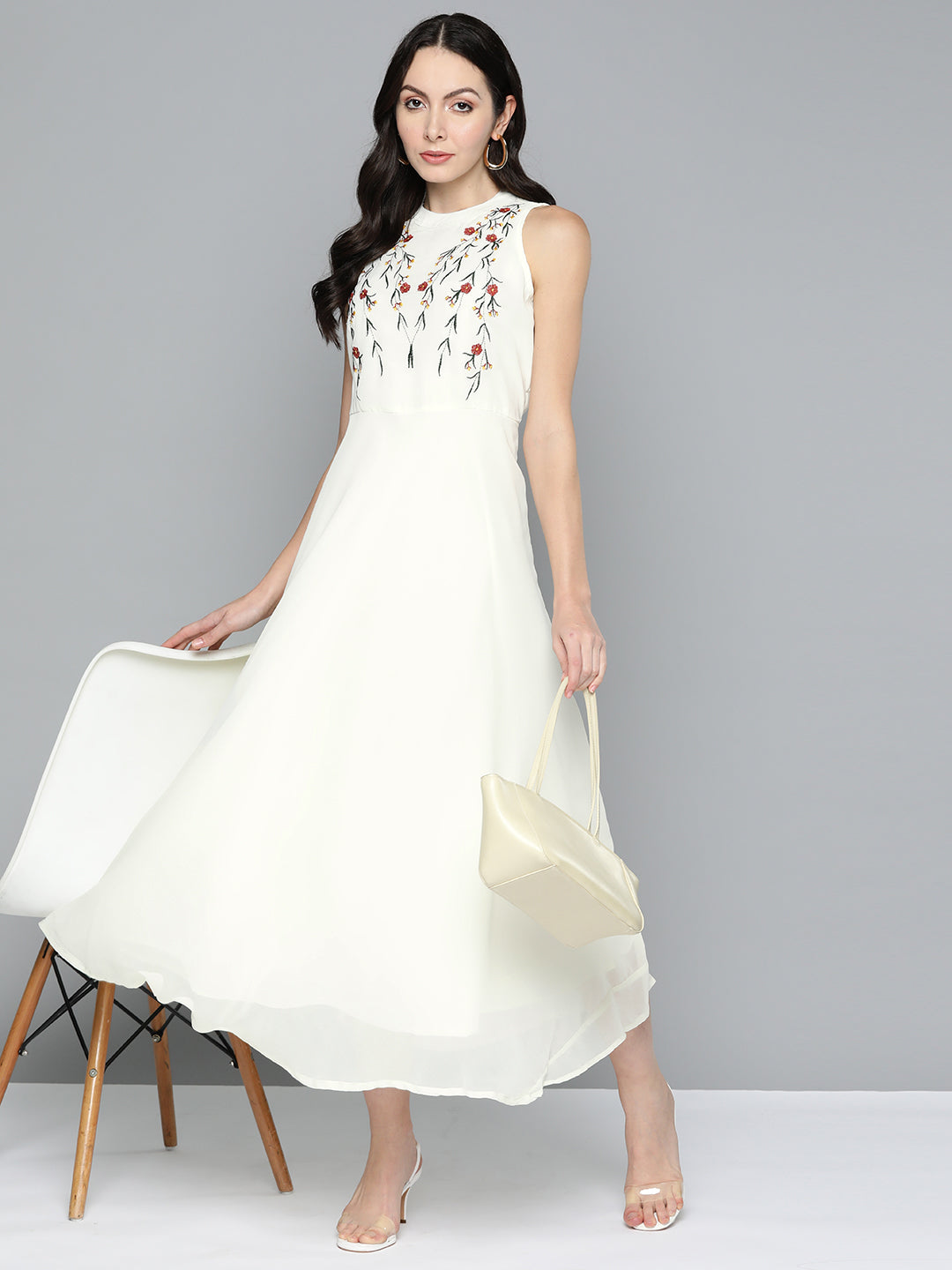 Jompers Women's Embroidered A-Line Midi Dress - Ivory | Grocsy