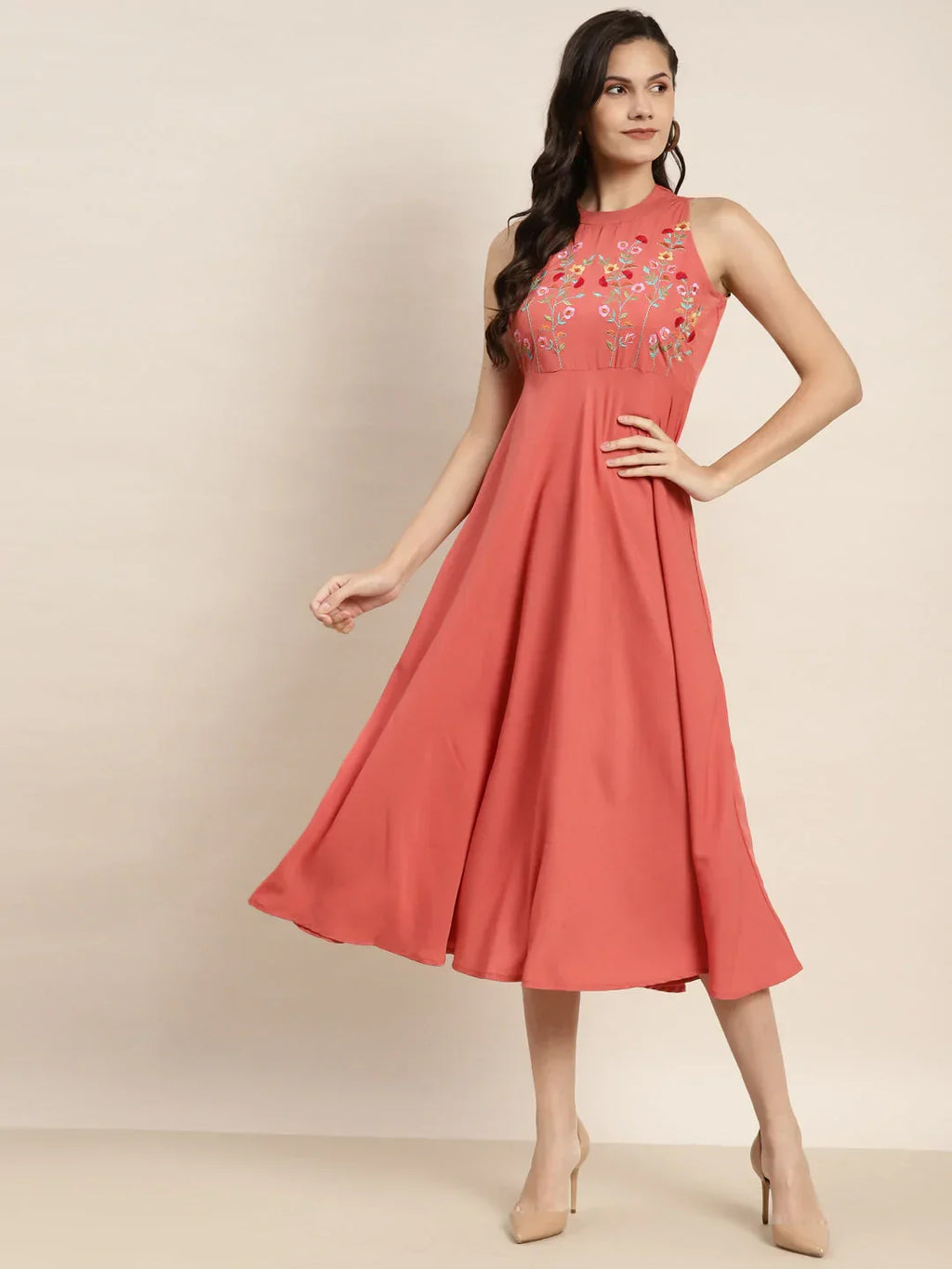 Jompers Women's Embroidered A-Line Midi Dress - Pink | Grocsy