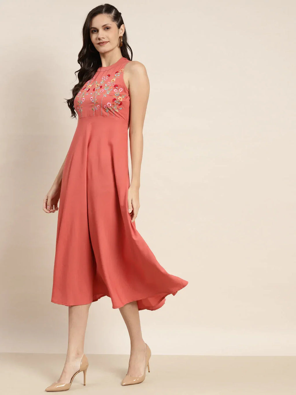 Jompers Women's Embroidered A-Line Midi Dress - Pink | Grocsy