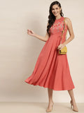 Jompers Women's Embroidered A-Line Midi Dress - Pink | Grocsy