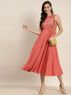 Jompers Women's Embroidered A-Line Midi Dress - Pink | Grocsy