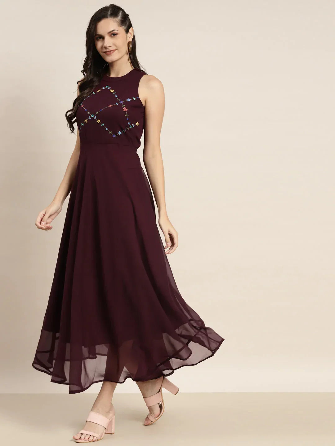 Jompers Women's Embroidered A-Line Midi Dress - Purple | Grocsy