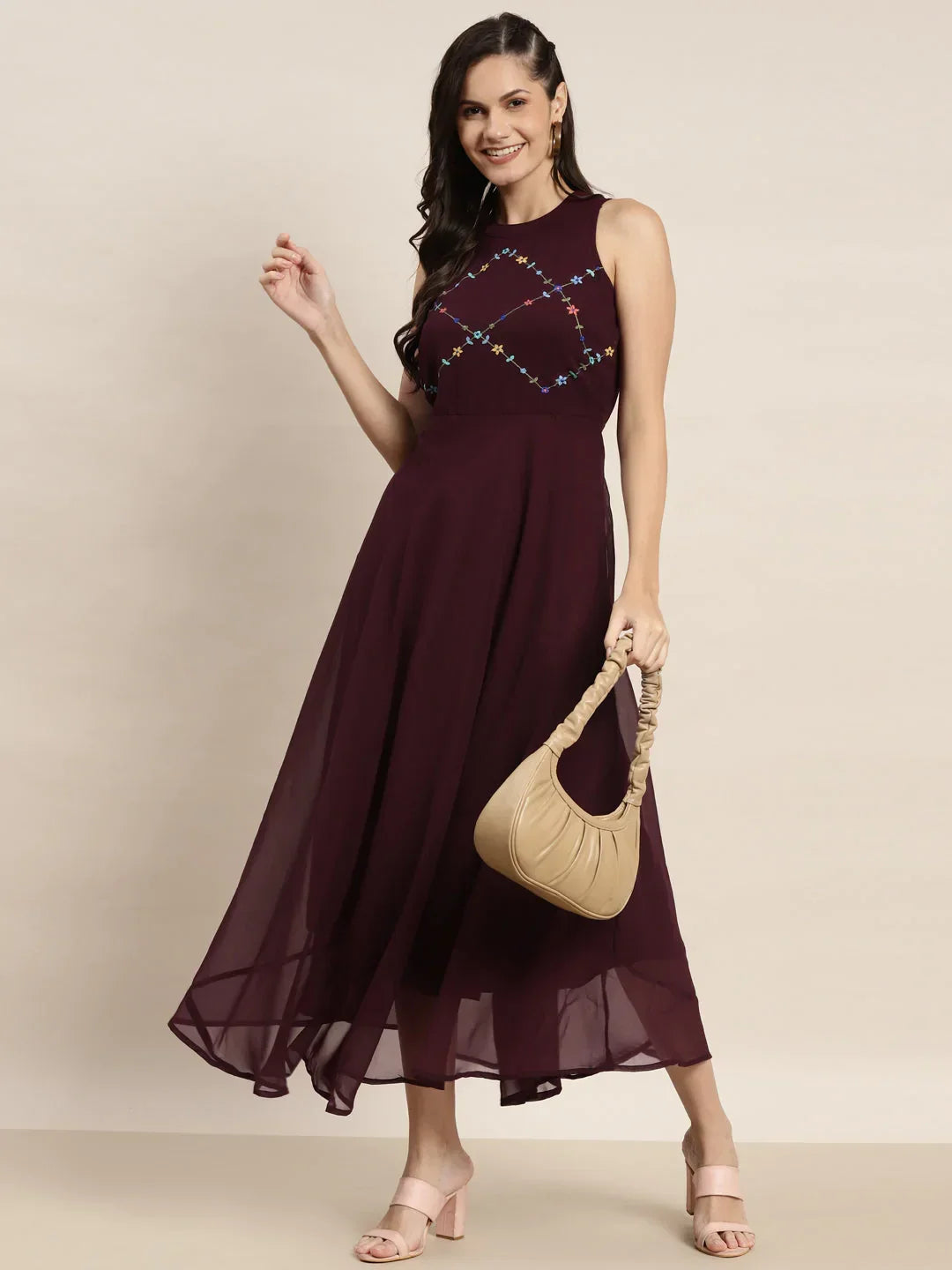 Jompers Women's Embroidered A-Line Midi Dress - Purple | Grocsy