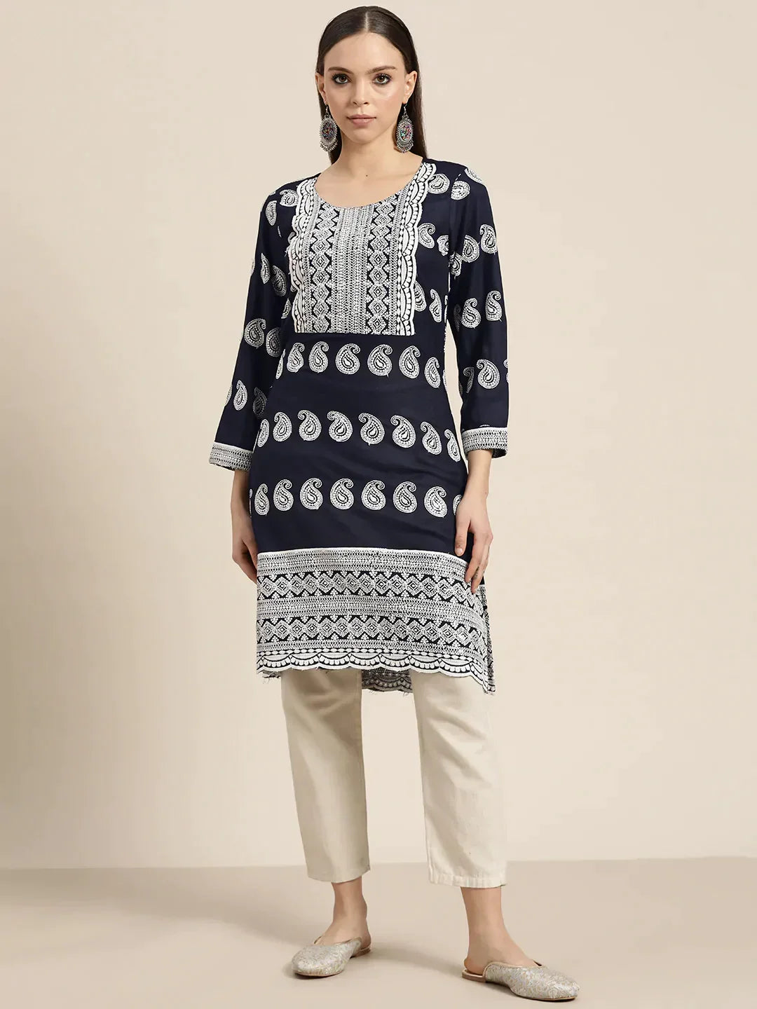 Jompers Women's Paisley Embroidered Sequinned Chikankari Kurta - Navy Blue | Grocsy