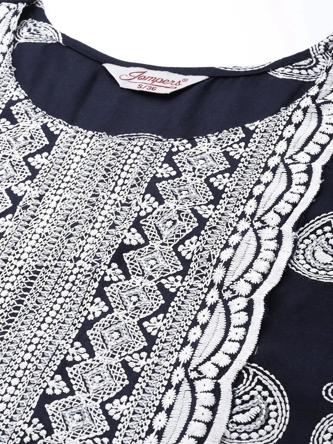 Jompers Women's Paisley Embroidered Sequinned Chikankari Kurta - Navy Blue | Grocsy