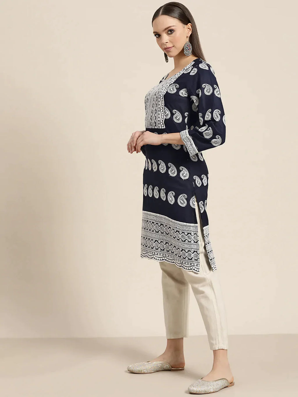Jompers Women's Paisley Embroidered Sequinned Chikankari Kurta - Navy Blue | Grocsy