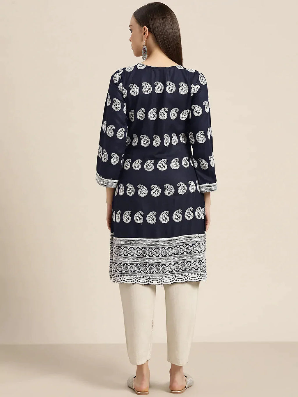 Jompers Women's Paisley Embroidered Sequinned Chikankari Kurta - Navy Blue | Grocsy