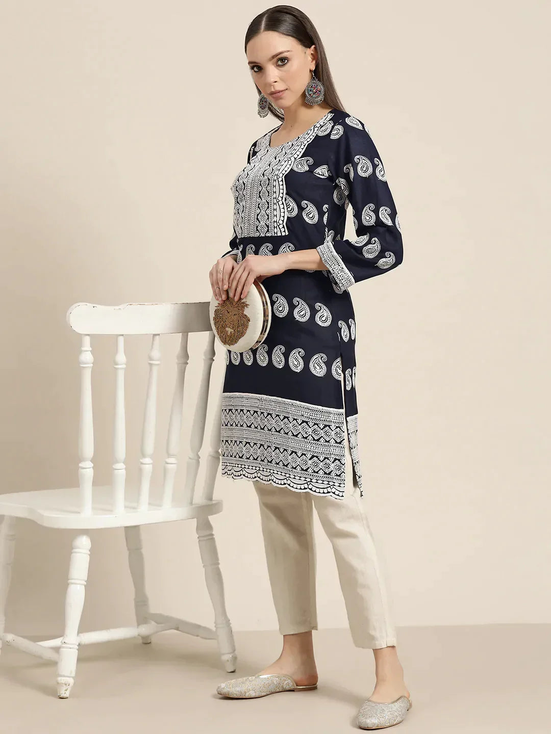 Jompers Women's Paisley Embroidered Sequinned Chikankari Kurta - Navy Blue | Grocsy
