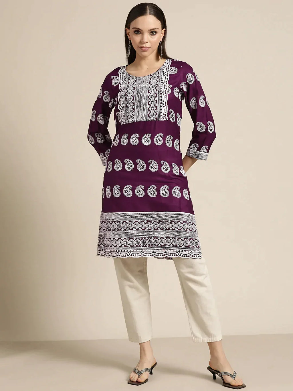 Jompers Women's Paisley Embroidered Sequinned Chikankari Kurta - Purple | Grocsy