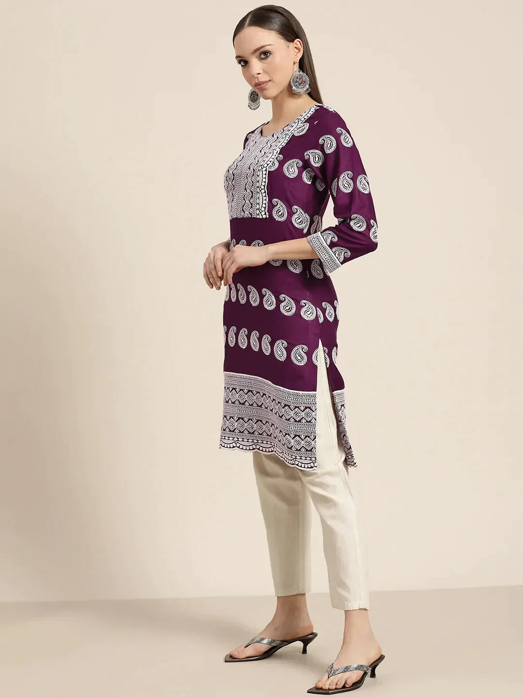 Jompers Women's Paisley Embroidered Sequinned Chikankari Kurta - Purple | Grocsy