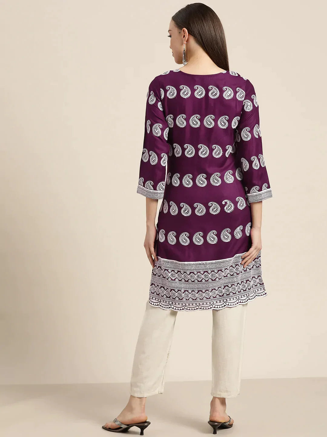 Jompers Women's Paisley Embroidered Sequinned Chikankari Kurta - Purple | Grocsy