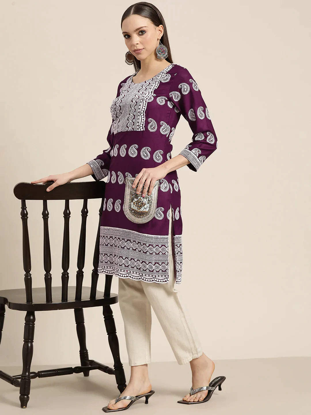 Jompers Women's Paisley Embroidered Sequinned Chikankari Kurta - Purple | Grocsy