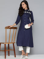 Jompers Women's Paisley Embroidered Chikankari Navy Kurta | Grocsy