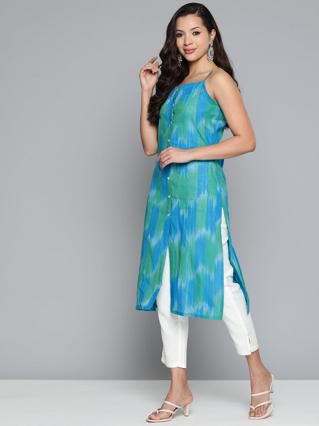 Jompers Women's Pure Cotton Blue Ikkat Kurta | Grocsy