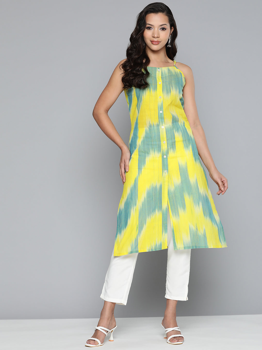 Jompers Women's Pure Cotton Yellow Ikkat Kurta | Grocsy
