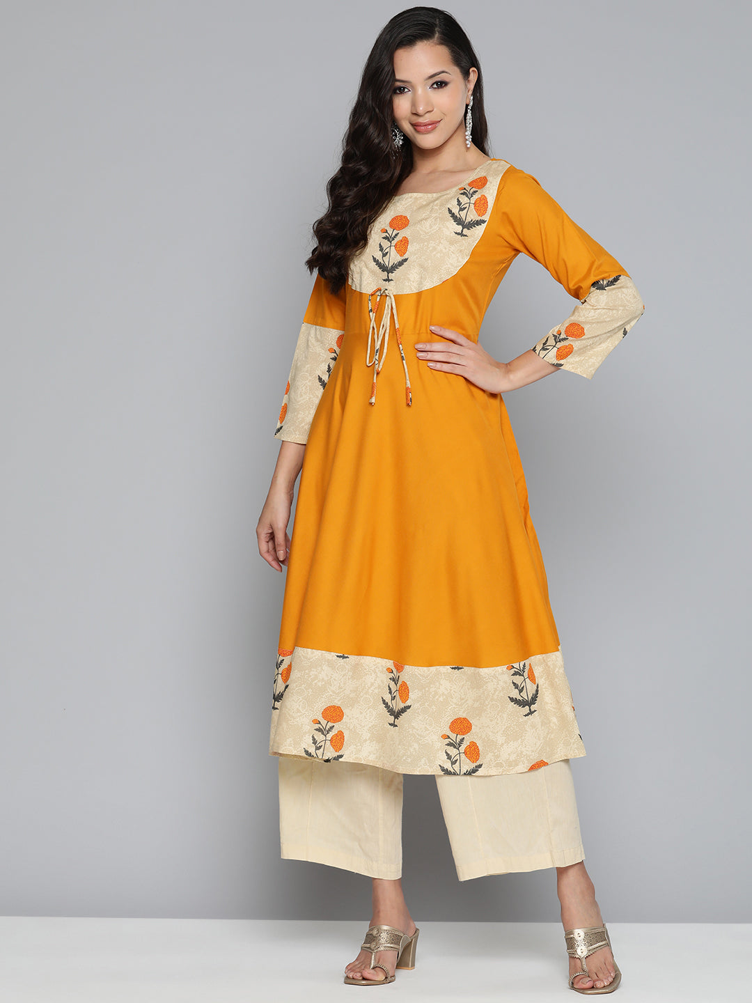 Jompers Women's Floral Printed Mustard Floral Kurta | Grocsy
