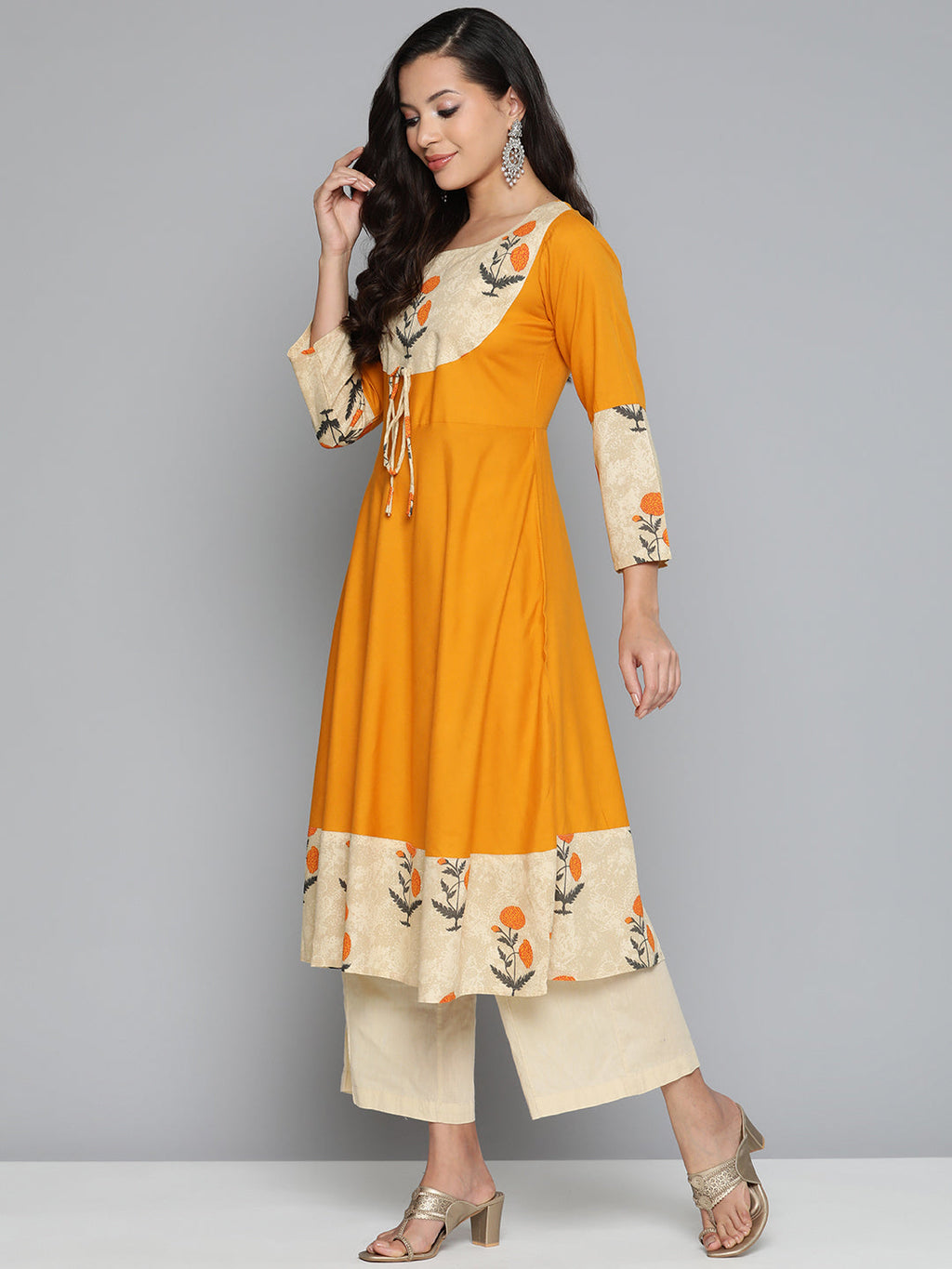 Jompers Women's Floral Printed Mustard Floral Kurta | Grocsy