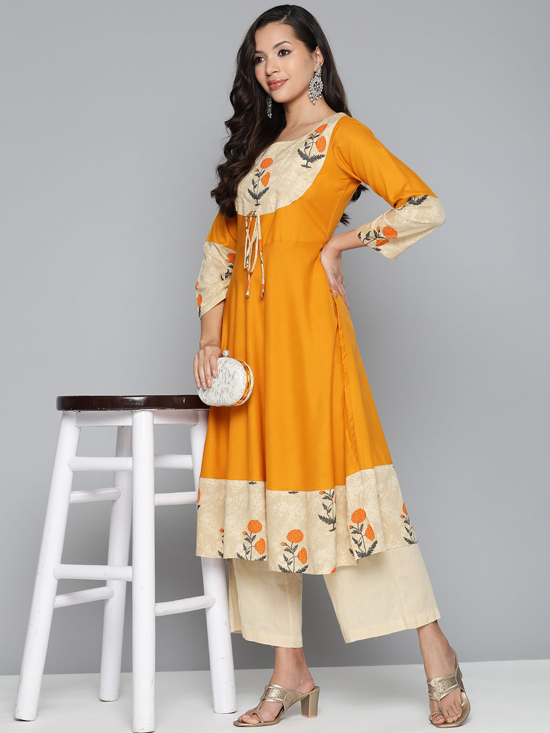 Jompers Women's Floral Printed Mustard Floral Kurta | Grocsy