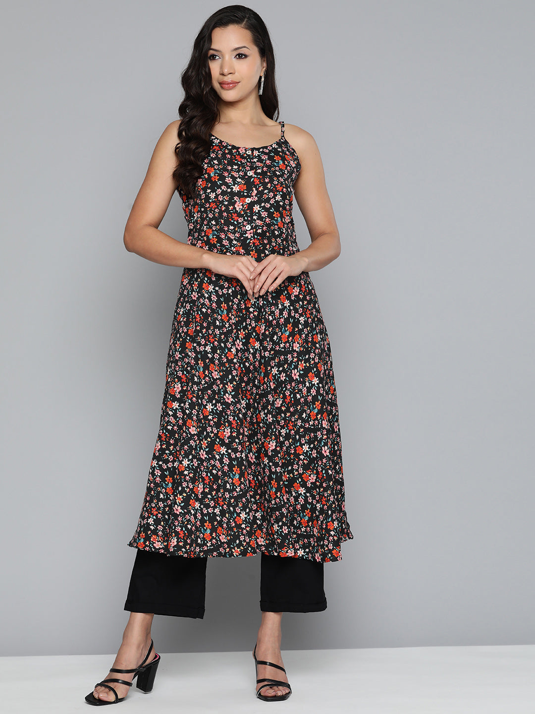 Jompers Women's Floral Printed Floral Georgette Kurta - Black | Grocsy