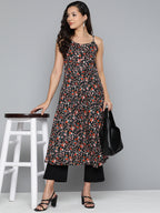 Jompers Women's Floral Printed Floral Georgette Kurta - Black | Grocsy