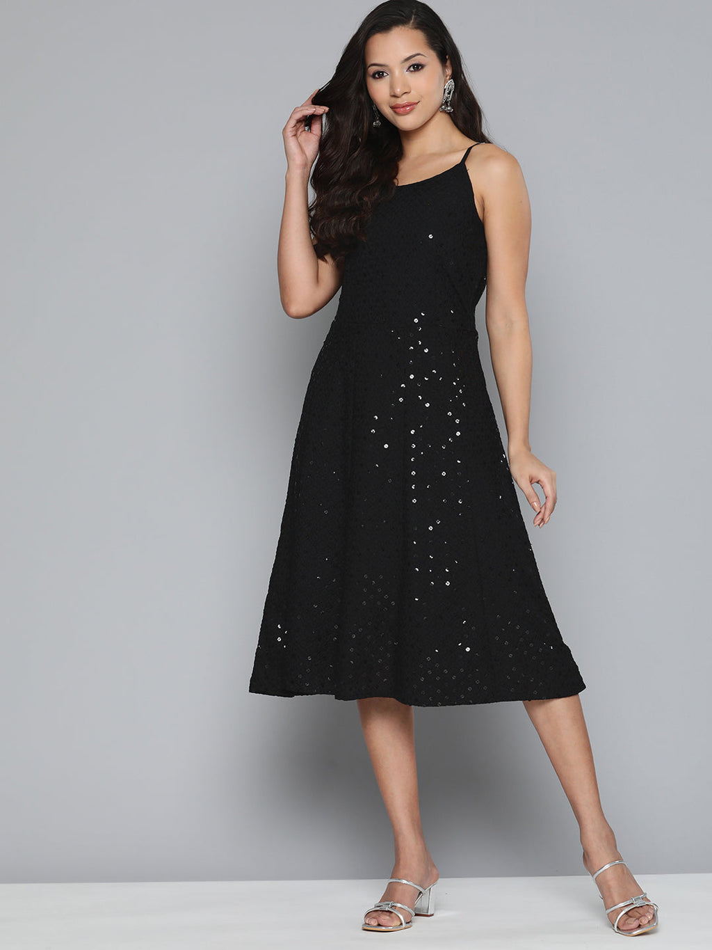 Jompers Women's Black Floral Sequin Embroidered A-Line Midi Dress - Black | Grocsy