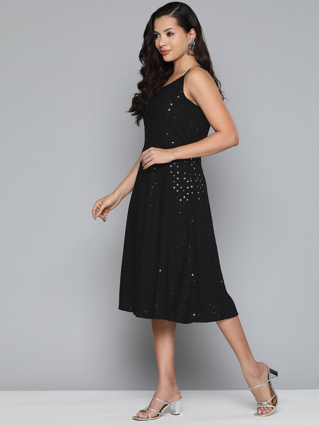 Jompers Women's Black Floral Sequin Embroidered A-Line Midi Dress - Black | Grocsy