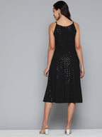 Jompers Women's Black Floral Sequin Embroidered A-Line Midi Dress - Black | Grocsy