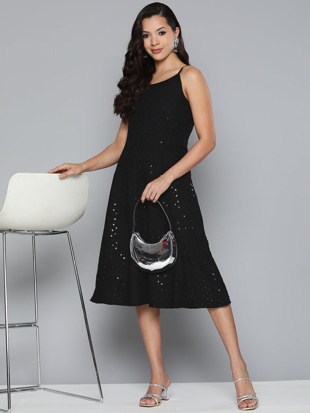 Jompers Women's Black Floral Sequin Embroidered A-Line Midi Dress - Black | Grocsy