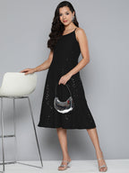 Jompers Women's Black Floral Sequin Embroidered A-Line Midi Dress - Black | Grocsy
