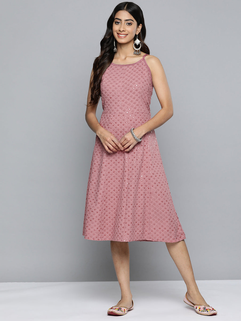 Jompers Women's Coral Floral Sequin Embroidered A-Line Midi Dress | Grocsy