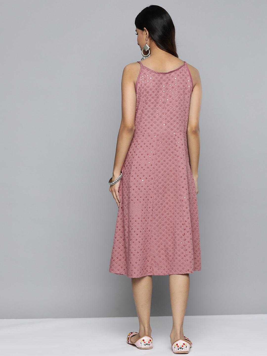 Jompers Women's Coral Floral Sequin Embroidered A-Line Midi Dress | Grocsy