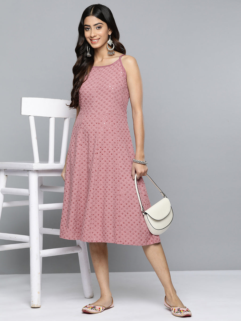 Jompers Women's Coral Floral Sequin Embroidered A-Line Midi Dress | Grocsy