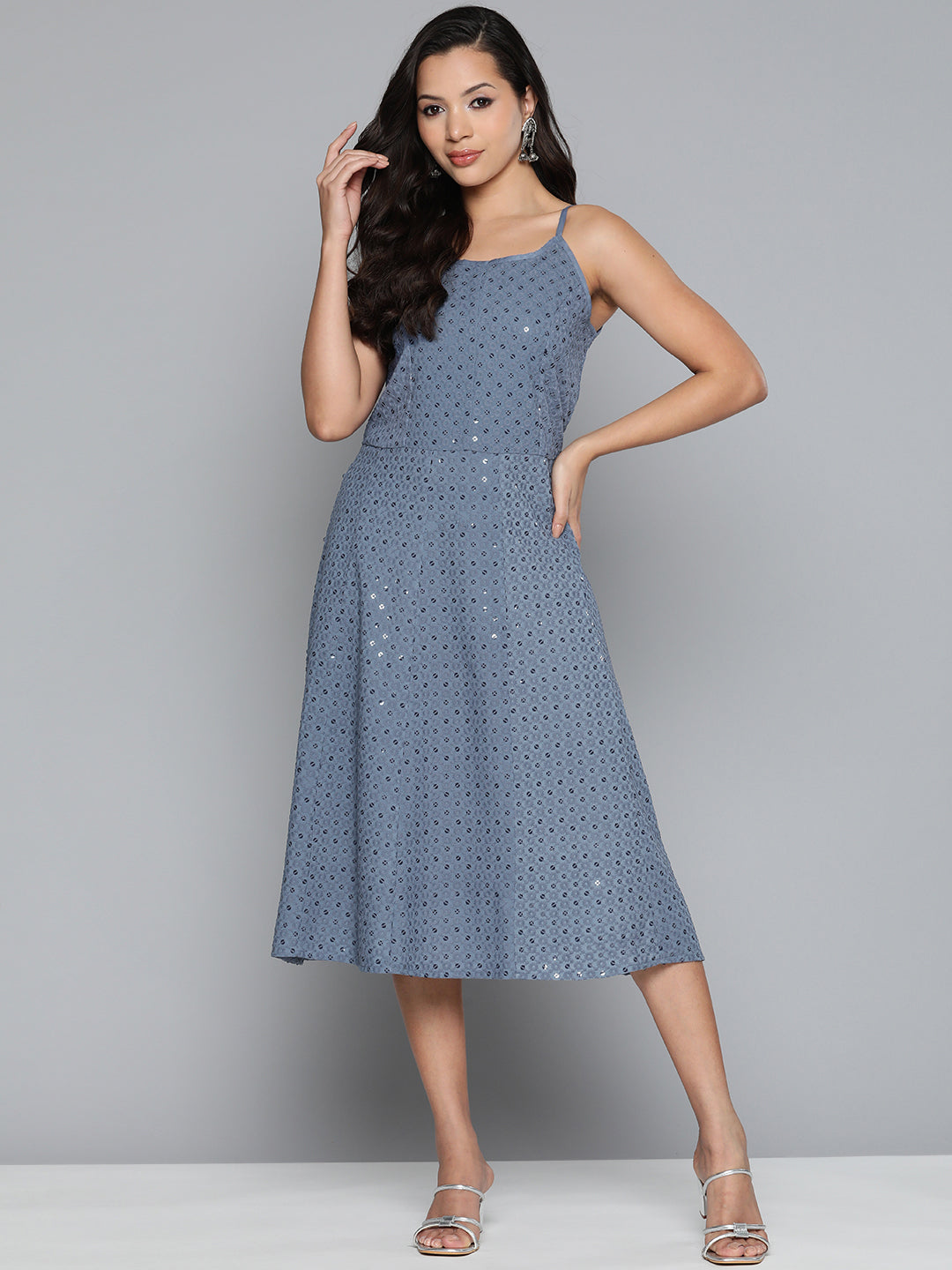Jompers Women's Grey Floral Sequin Embroidered A-Line Midi Dress - Grey | Grocsy