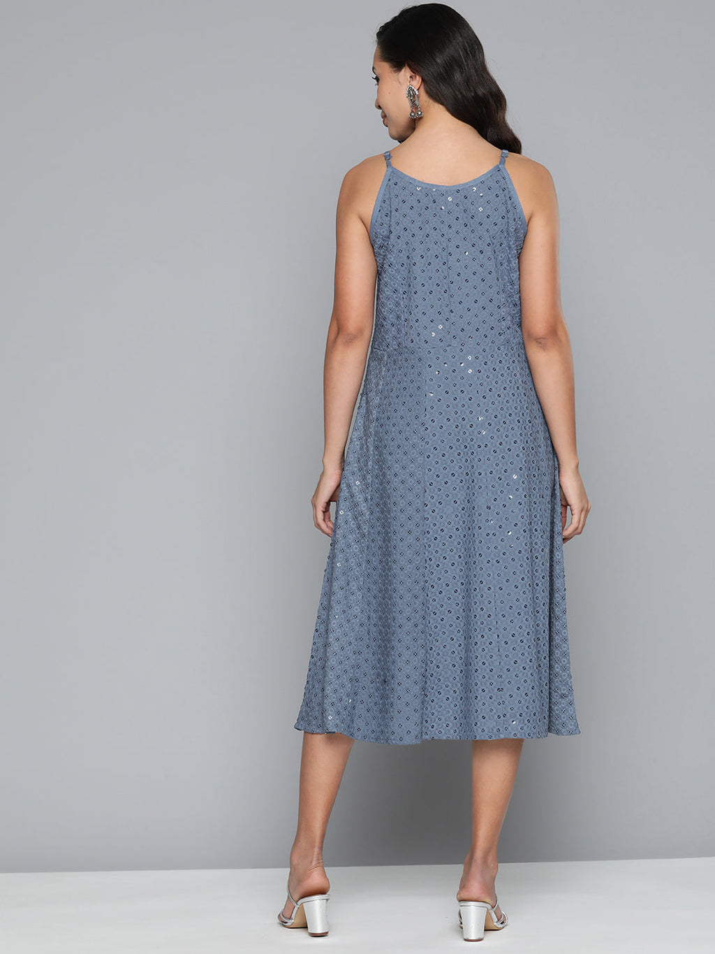 Jompers Women's Grey Floral Sequin Embroidered A-Line Midi Dress - Grey | Grocsy