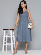 Jompers Women's Grey Floral Sequin Embroidered A-Line Midi Dress - Grey | Grocsy