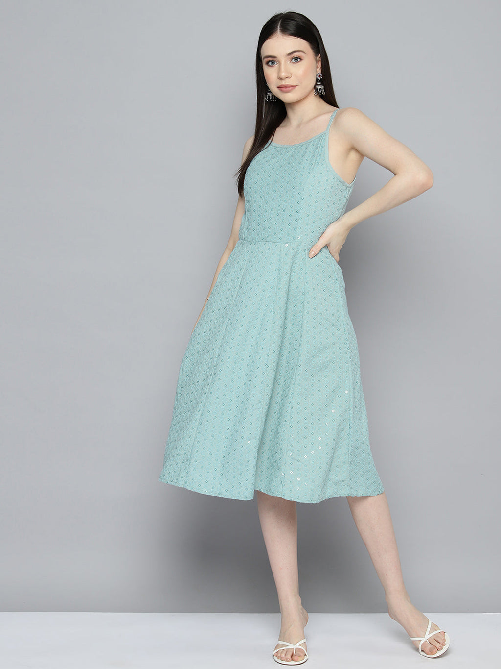 Jompers Women's Sequin work, anarkali ethnic dress - Light-Blue | Grocsy
