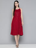 Jompers Women's Maroon Floral Sequin Embroidered A-Line Midi Dress - Maroon | Grocsy